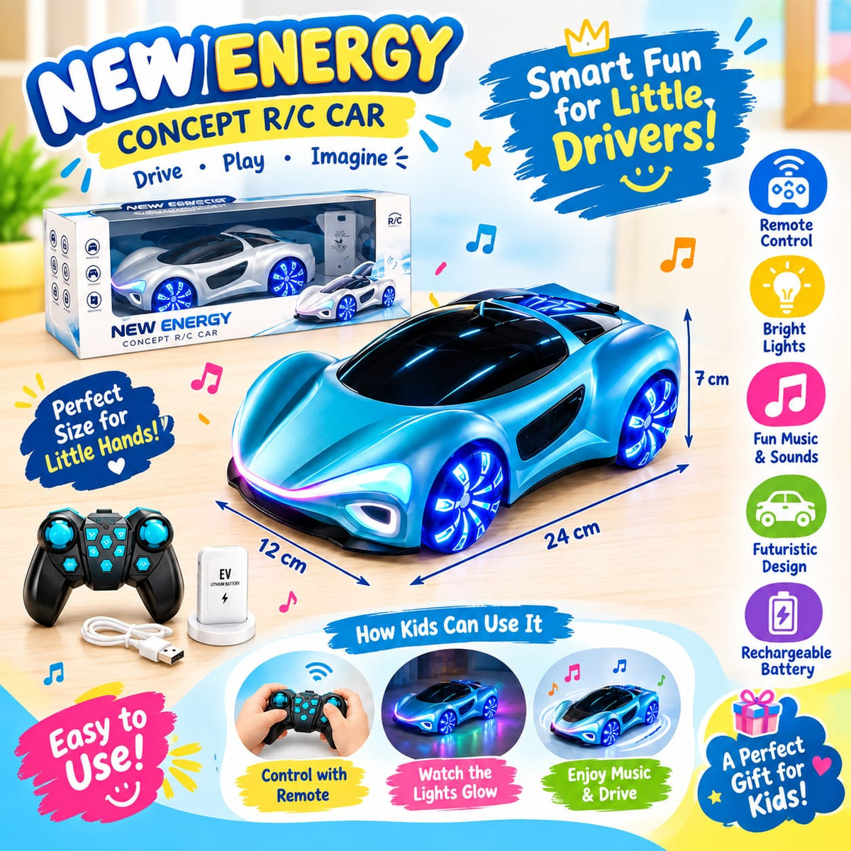 New Energy Concept R/C Car - Futuristic Supercar with LED Lights & Music | Rechargeable Remote Control Car for Kids