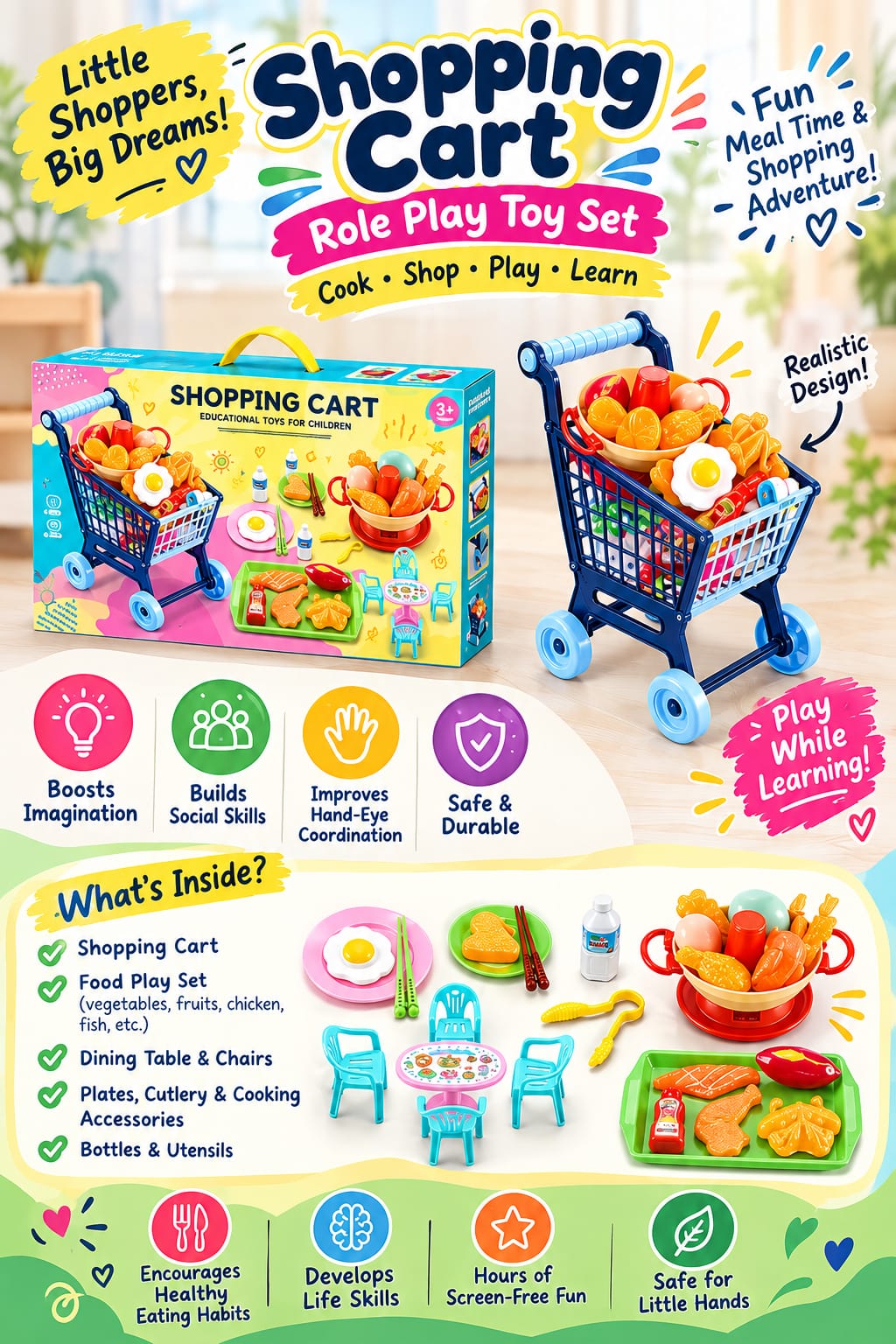 Shopping Cart Role Play Toy Set for Kids (3+)