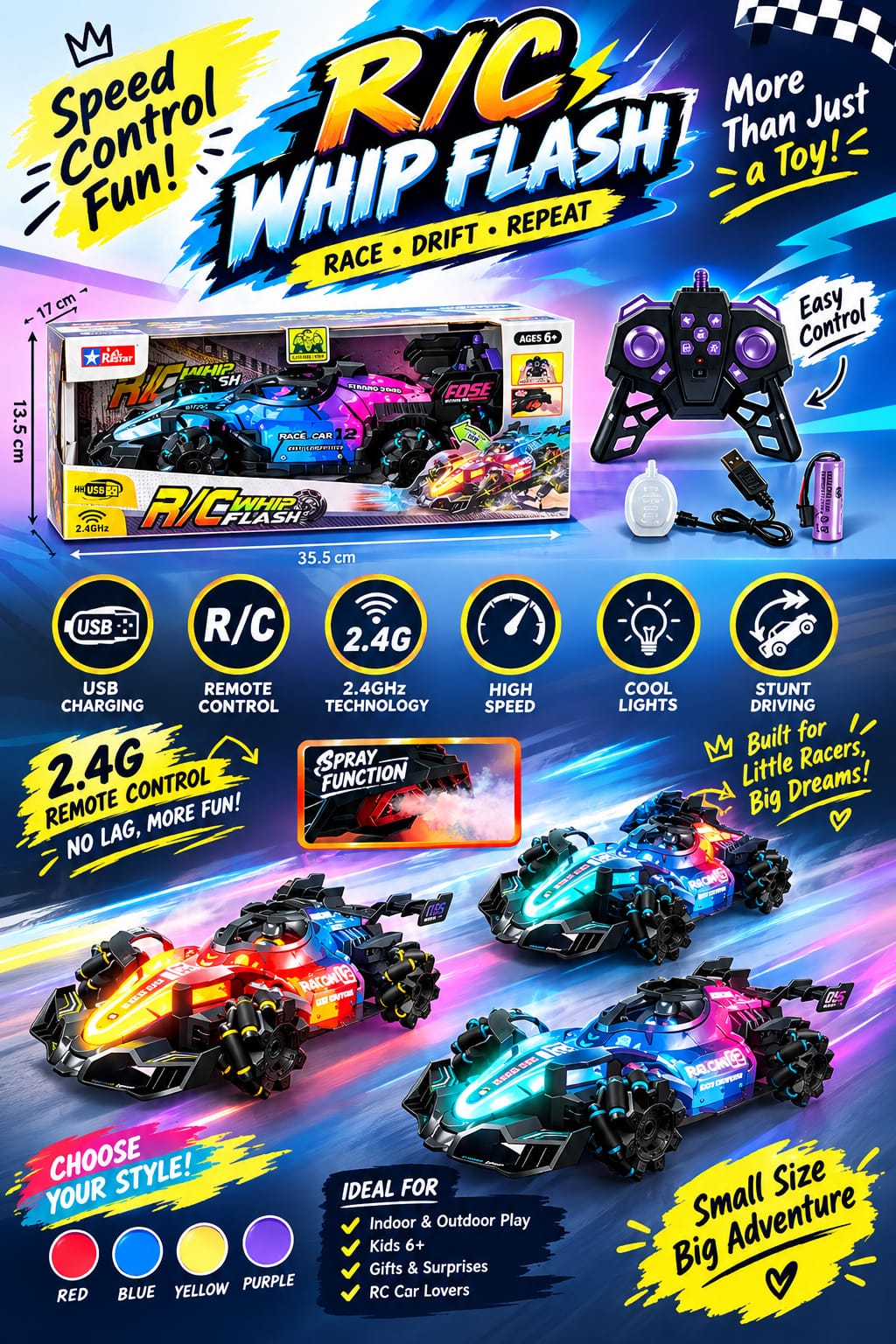 R/C Whip Flash Racing Car - 2.4GHz Remote Control with Spray