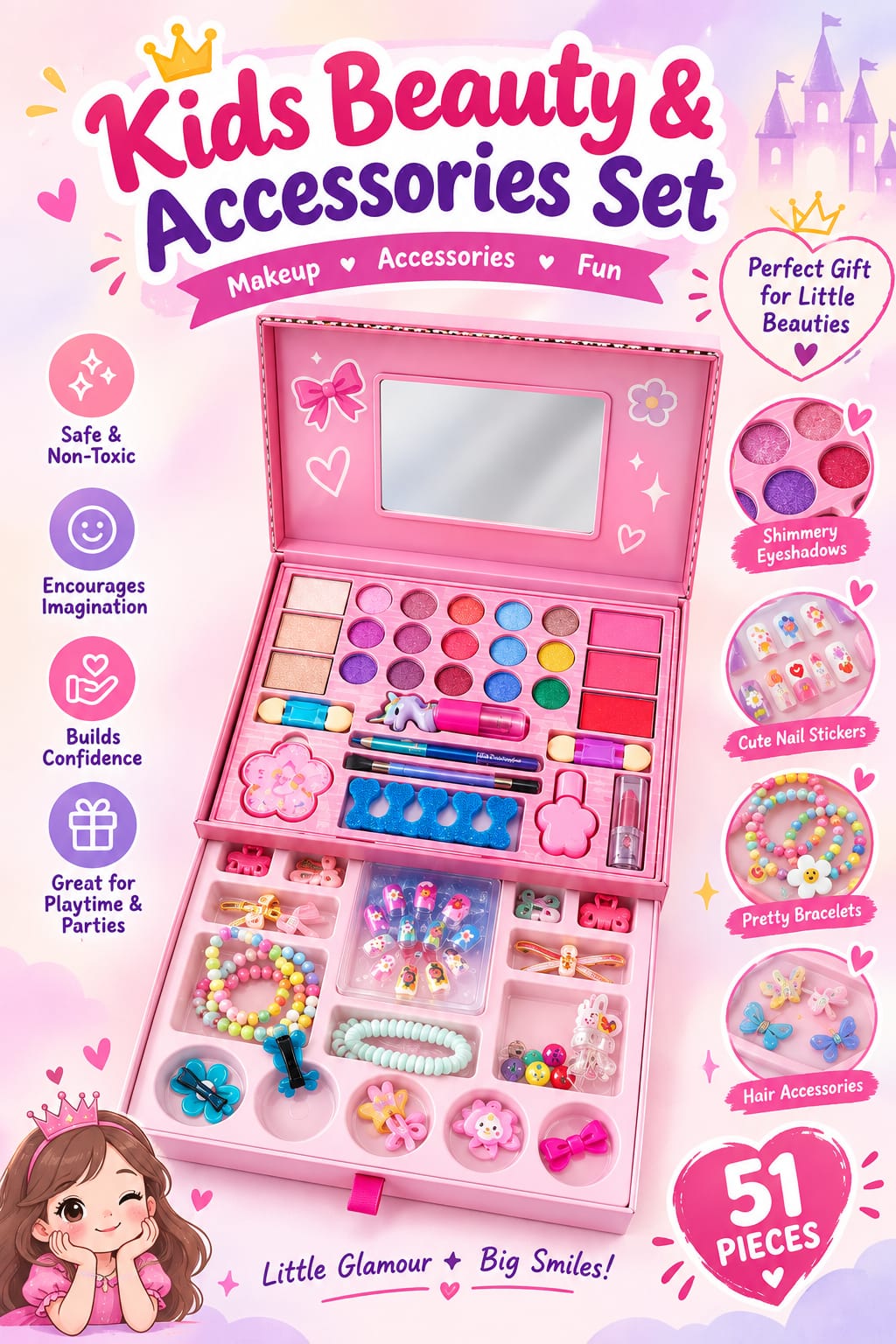 Kids Beauty & Accessories Set - 51 Pieces Makeup & Jewelry Box for Girls