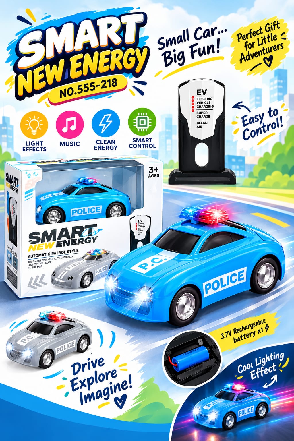 Smart New Energy Police Car - Automatic Patrol EV Car with Light & Music