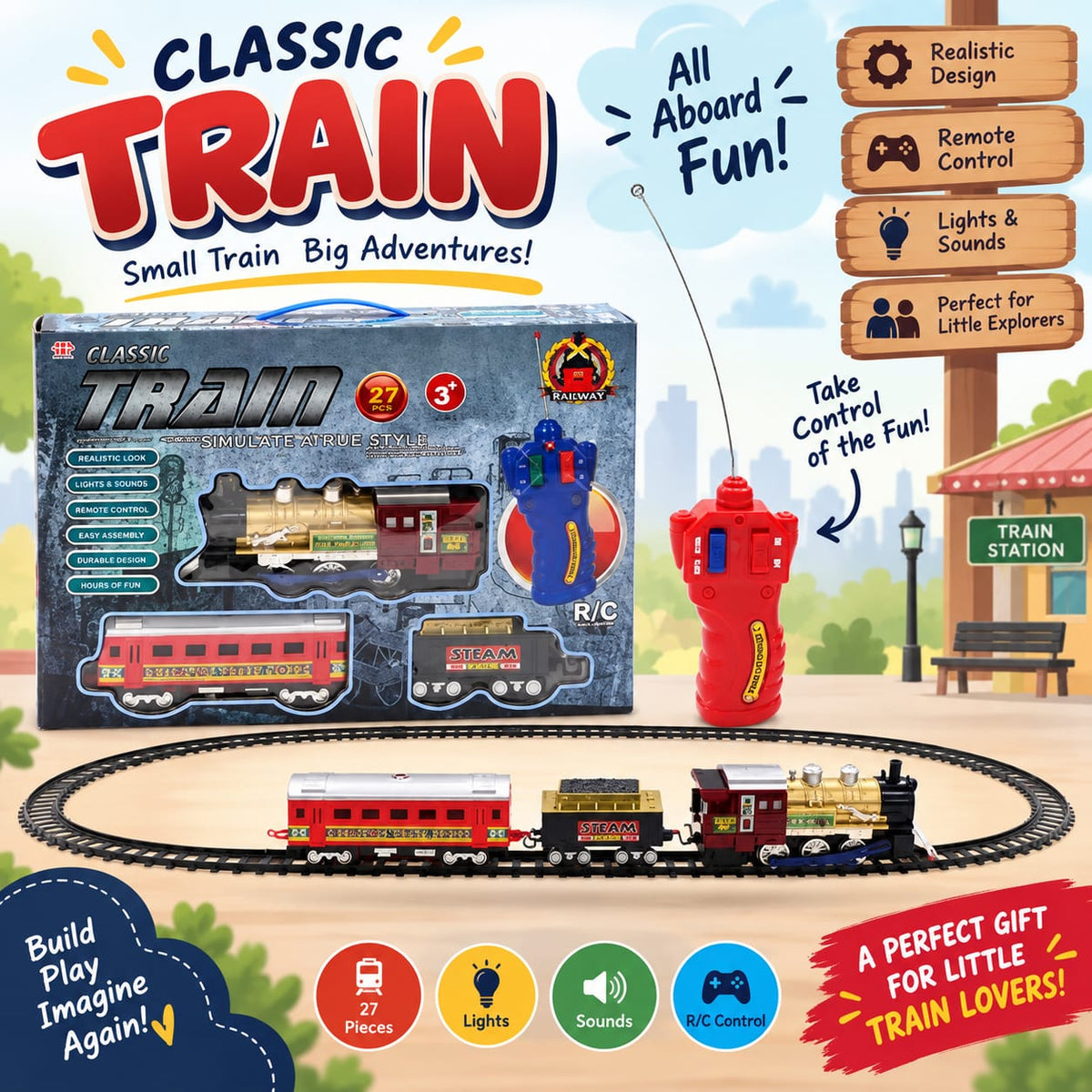 27-Piece RC Classic Train Set with Lights & Sounds