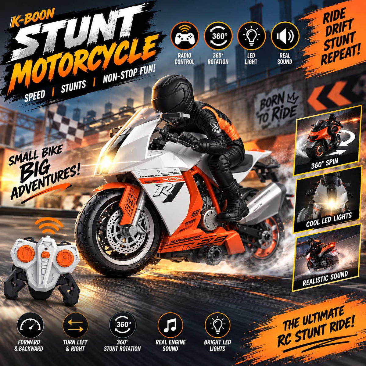2.4GHz RC Stunt Motorcycle with Lights & Sound