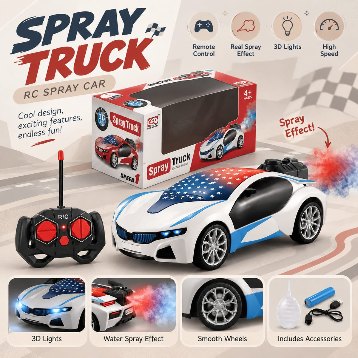 Remote Control Sports Car with Water Spray & Lights