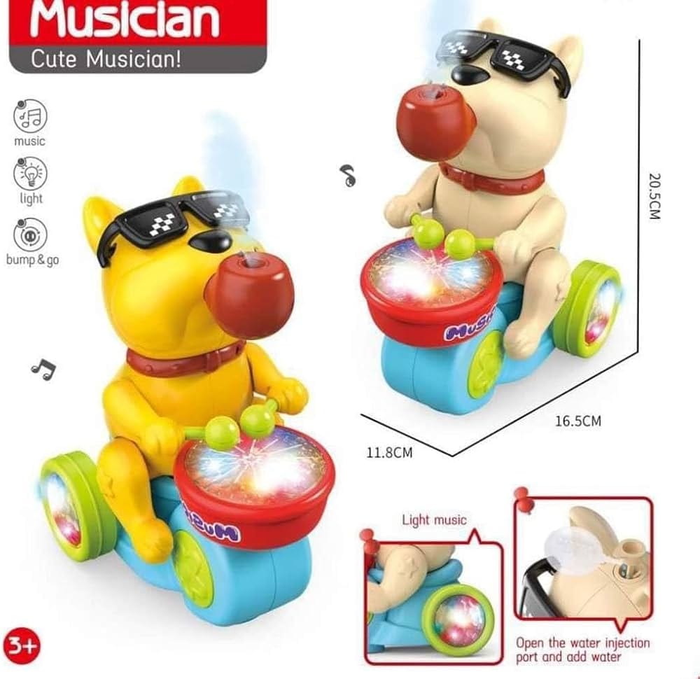 Musical Drumming Dog Toy with Lights & Mist Spray