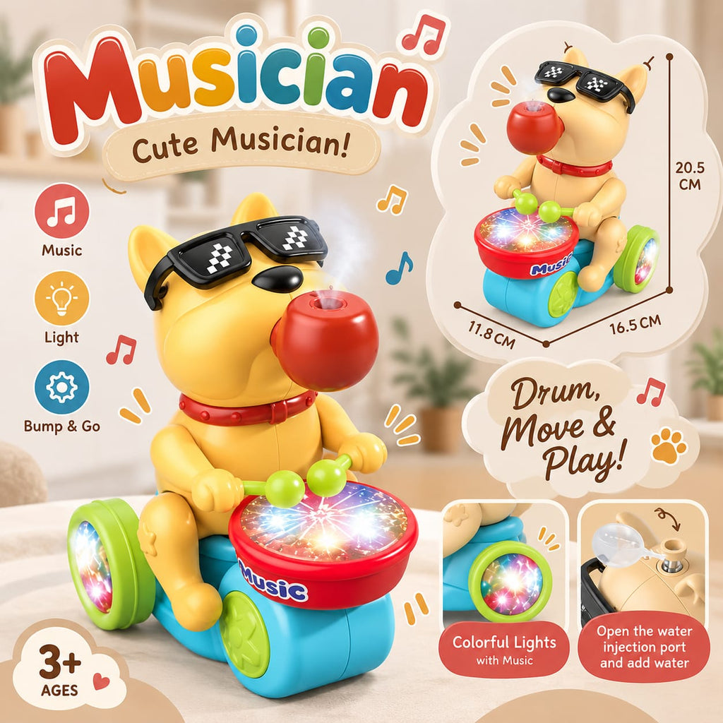 Musical Drumming Dog Toy with Lights & Mist Spray