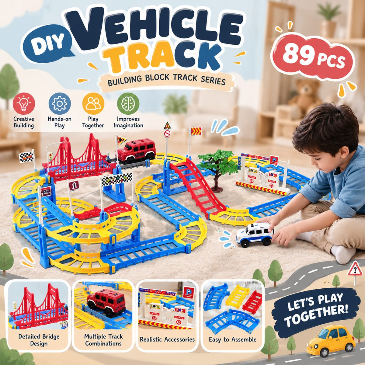DIY Vehicle Track Building Set with Bridge – 89 Pieces