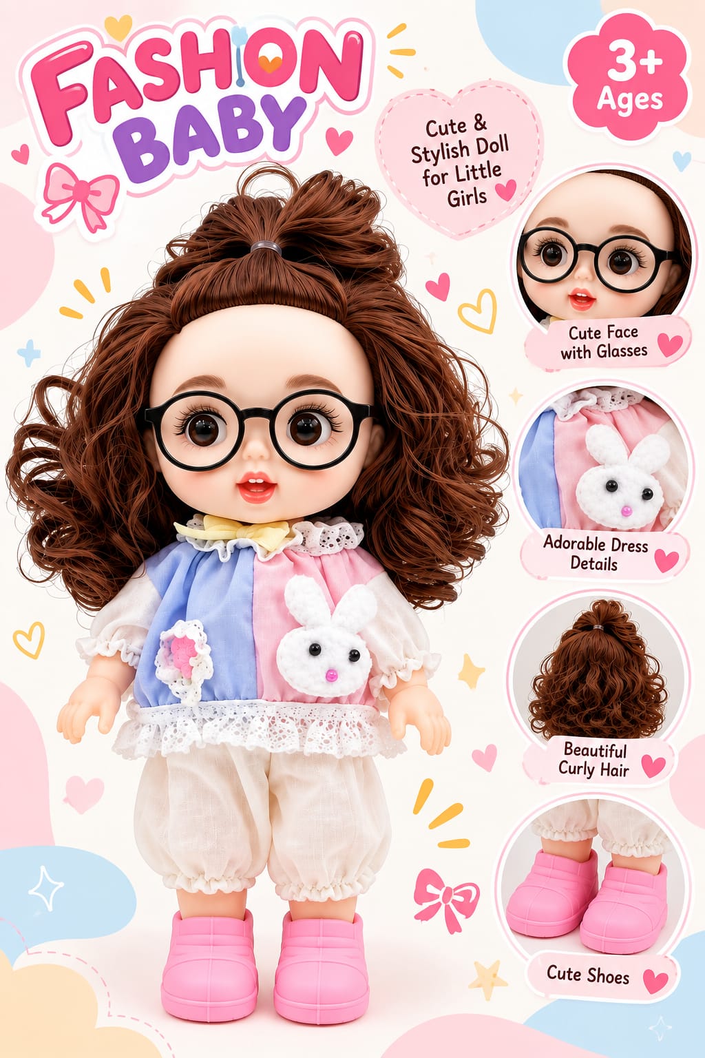 Fashion Baby Doll with Glasses & Curly Brown Hair