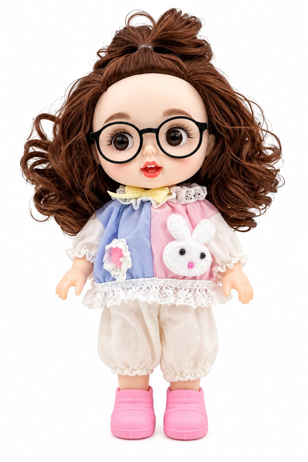 Fashion Baby Doll with Glasses & Curly Brown Hair