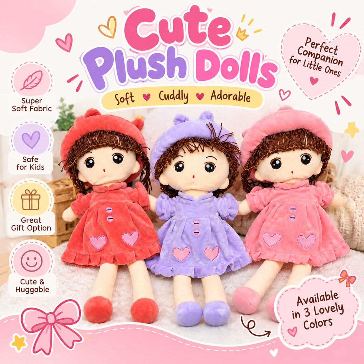Soft Plush Doll with Heart Dress & Matching Hat