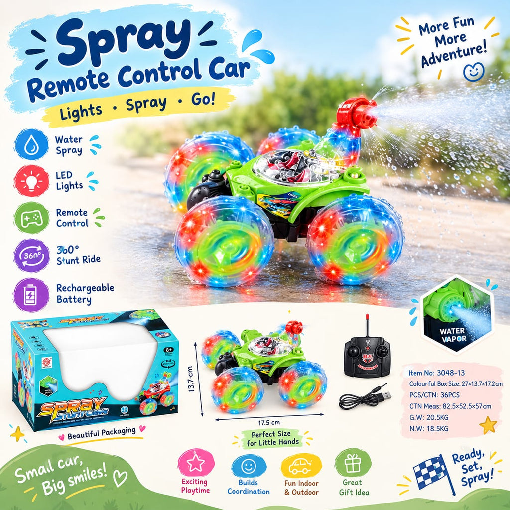 Spray Stunt RC Car - 360° Rotating Remote Control Car with Water Spray, LED Lights & Music | Rechargeable