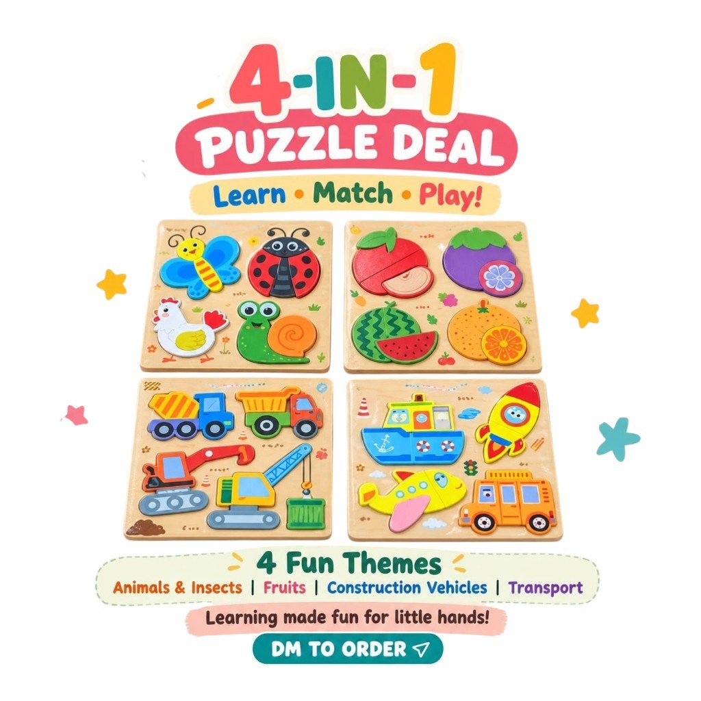 4-in-1 Learning Puzzle Set – Animals, Fruits & Vehicles