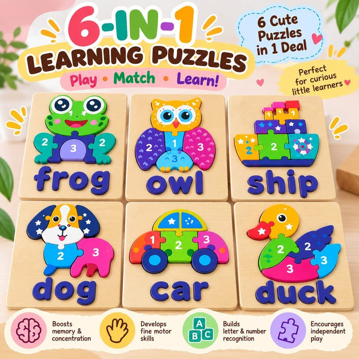 6-in-1 Learning Puzzle Set – Animals & Vehicles