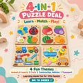 4-in-1 Learning Puzzle Set – Animals, Fruits & Vehicles