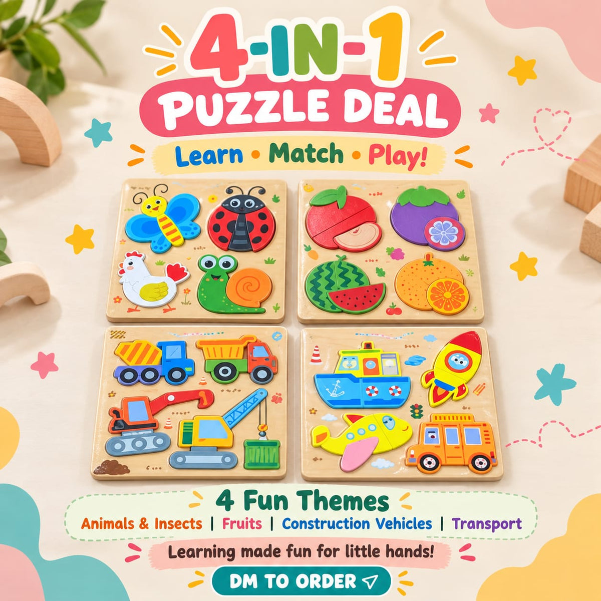 4-in-1 Learning Puzzle Set – Animals, Fruits & Vehicles