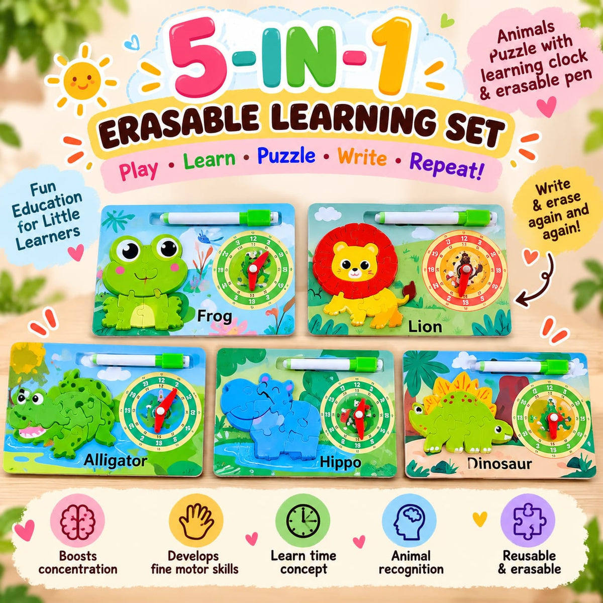 5-in-1 Animal Learning Puzzle Set with Clock & Erasable Pens