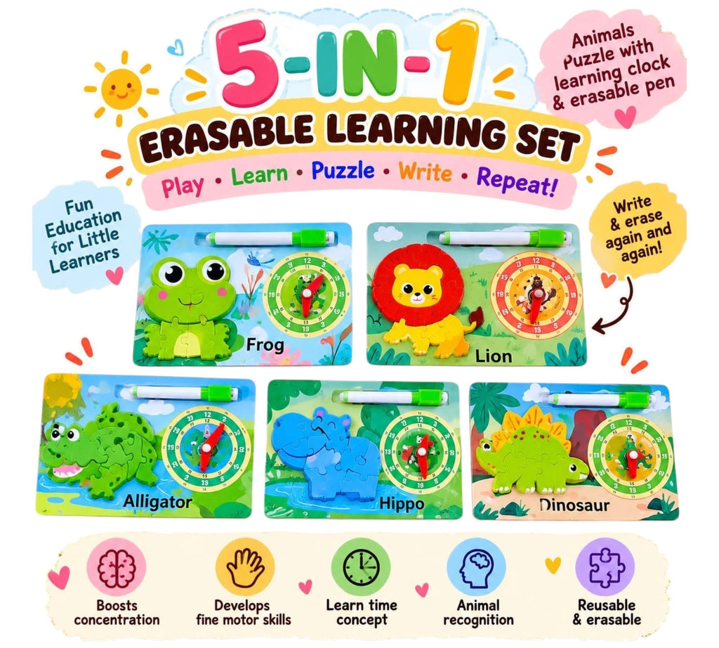 5-in-1 Animal Learning Puzzle Set with Clock & Erasable Pens